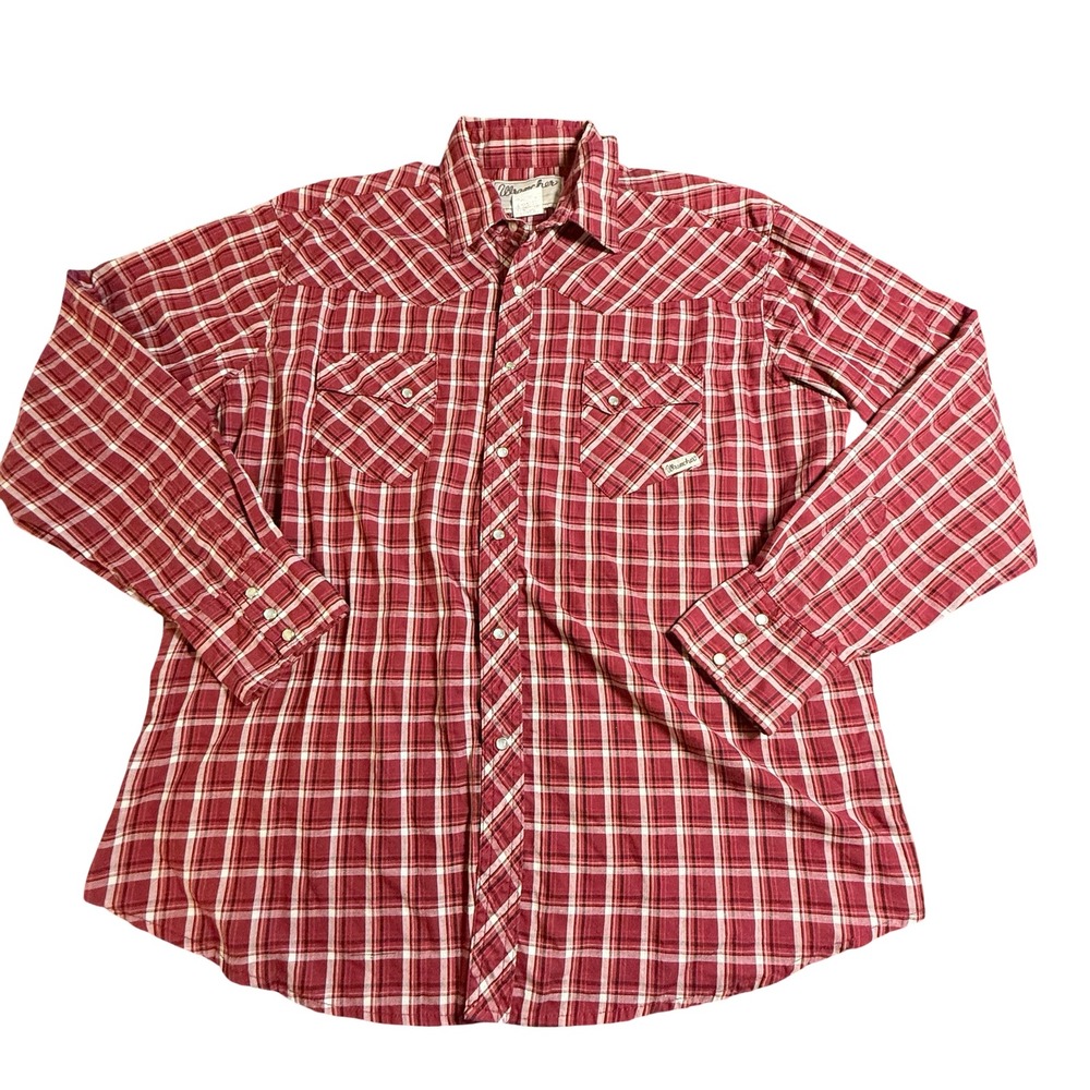 Wrangler Wrancher Mens XL Red Plaid Western Pearl Snap Long Sleeve Shirt MTW1039